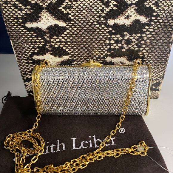 Judith Leiber Miniaudière Evening Purse Handbag Gold w Silver Rhinestones unworn - Picture 13 of 15